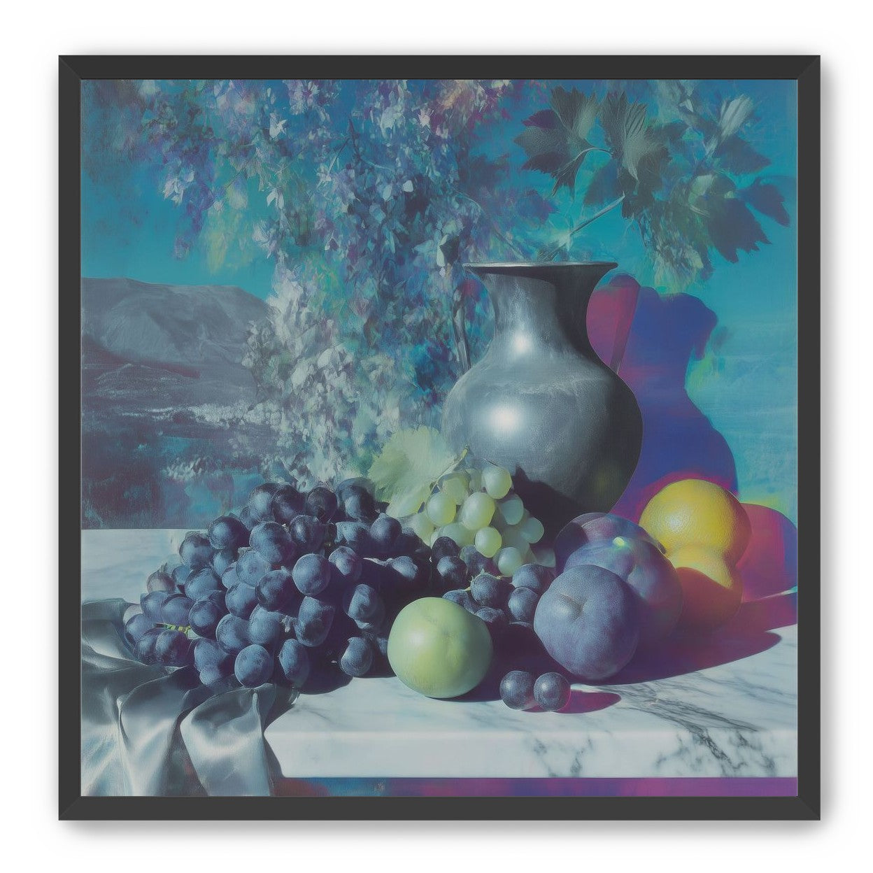 Vase and fruit in blue haze