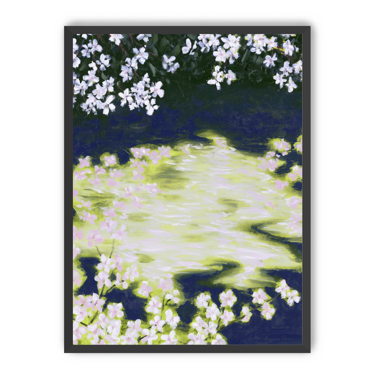 Petals crossing the bright water