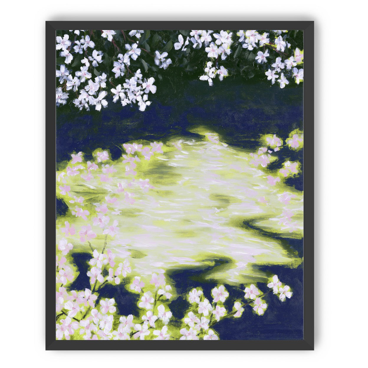 Petals crossing the bright water
