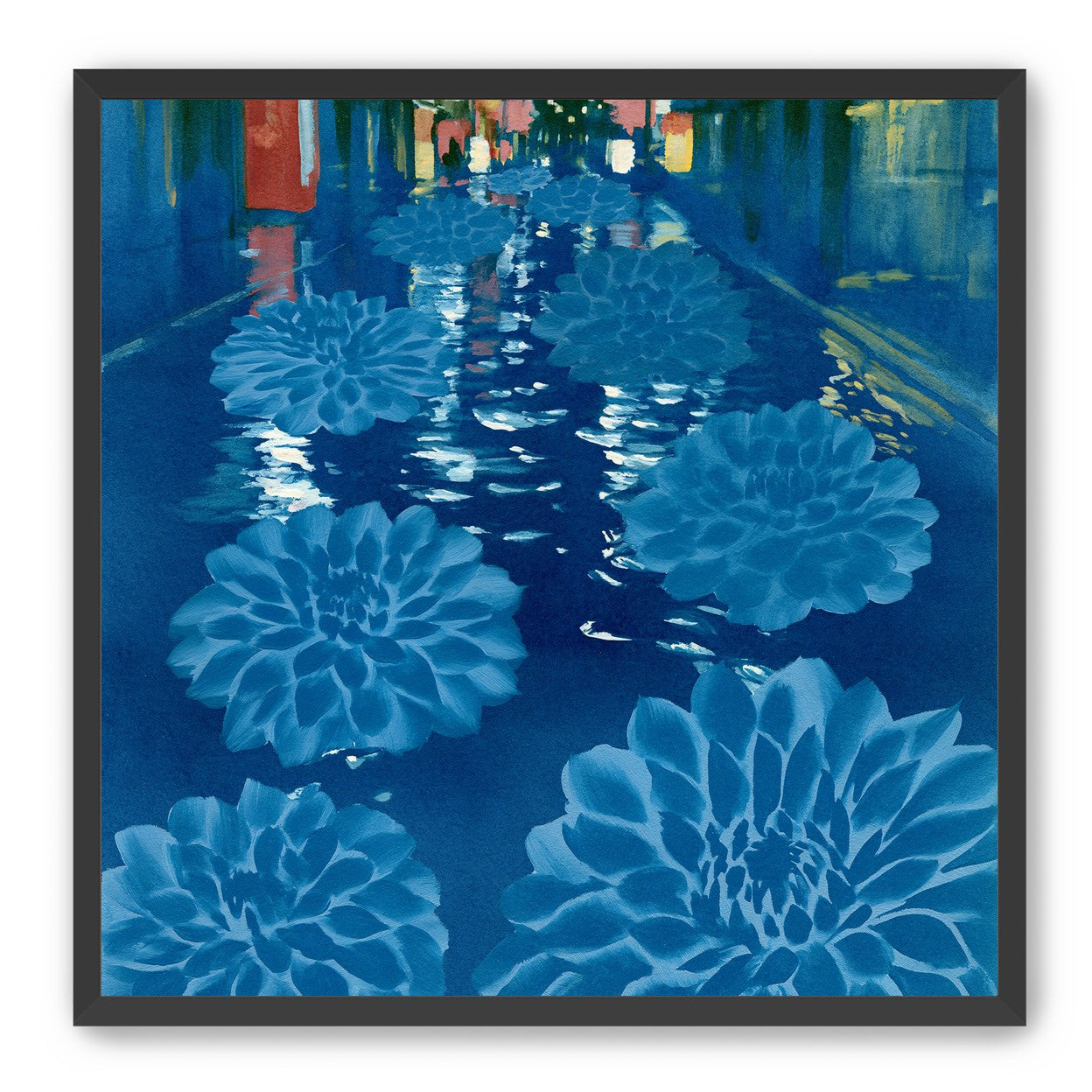 Neon spills into blue floodwater