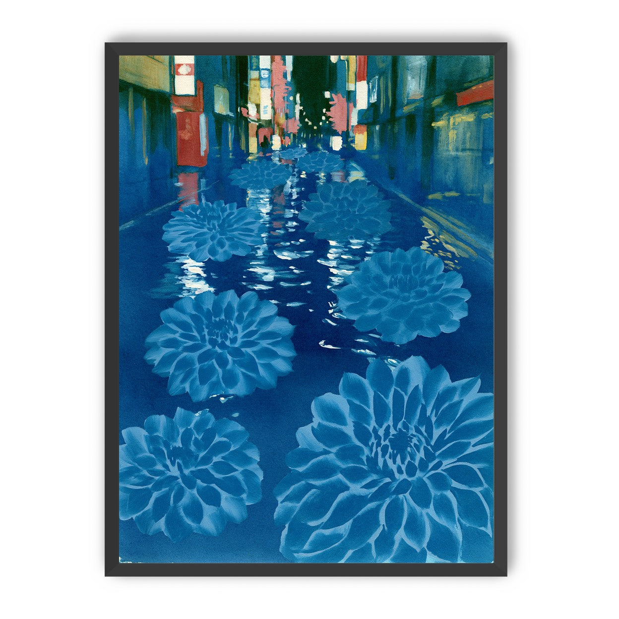 Neon spills into blue floodwater