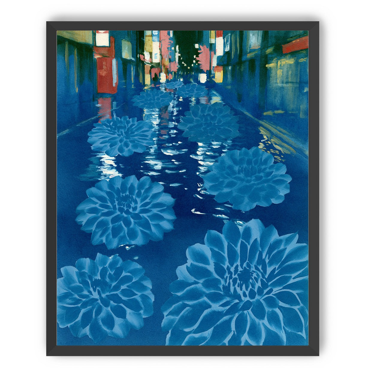 Neon spills into blue floodwater