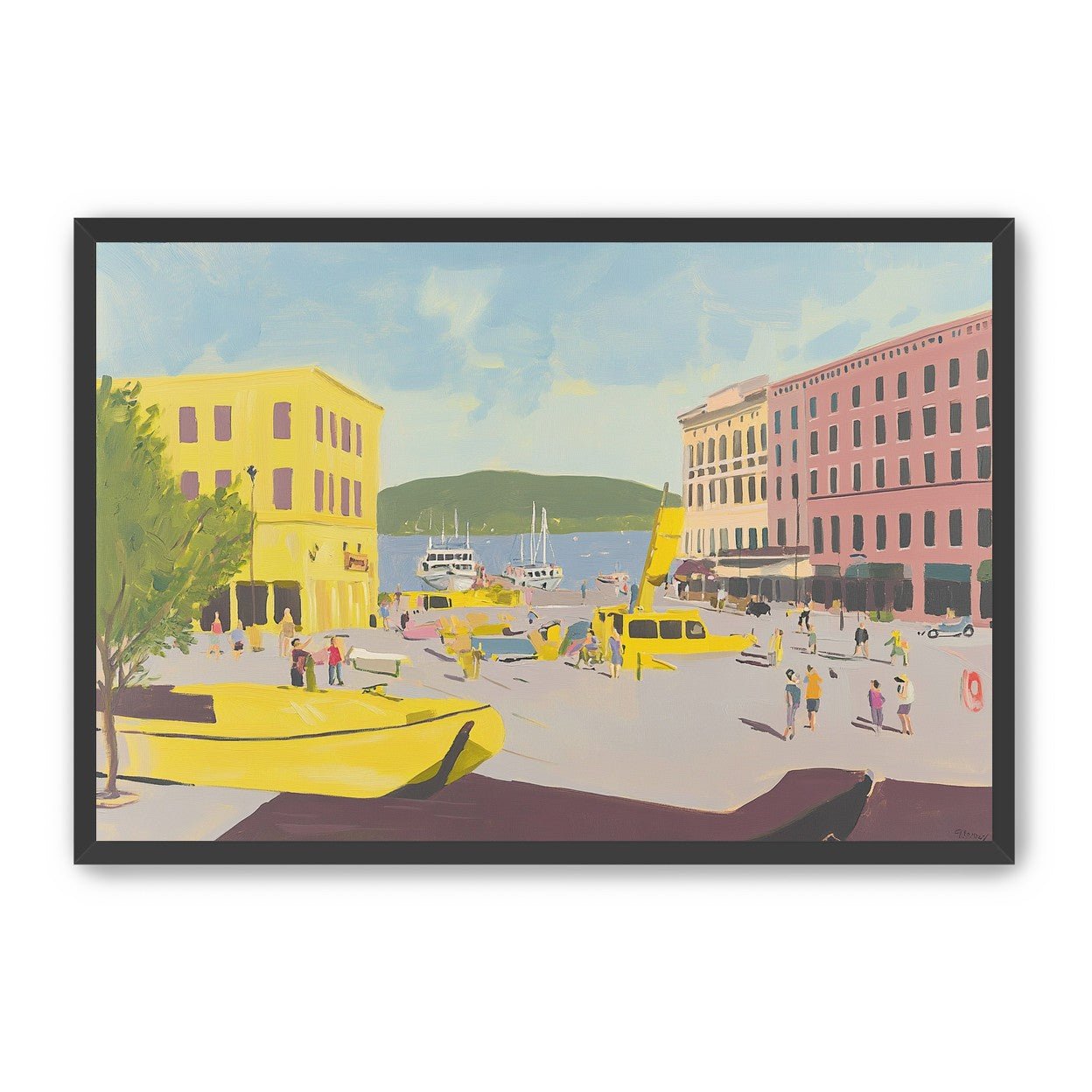 Yellow boats among pastel buildings