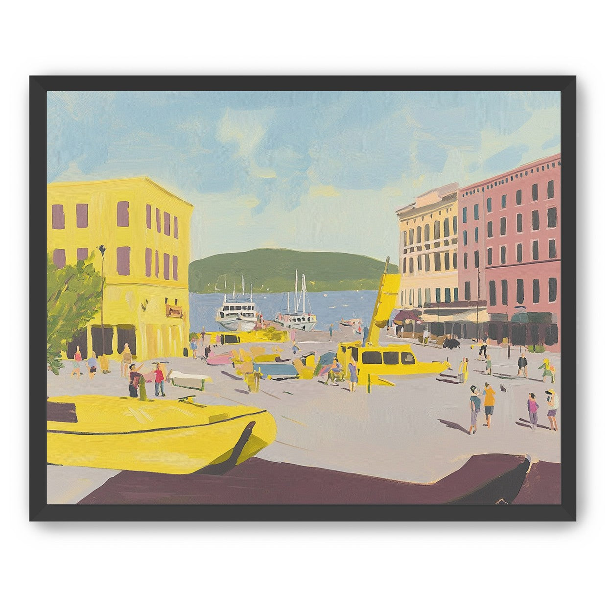 Yellow boats among pastel buildings