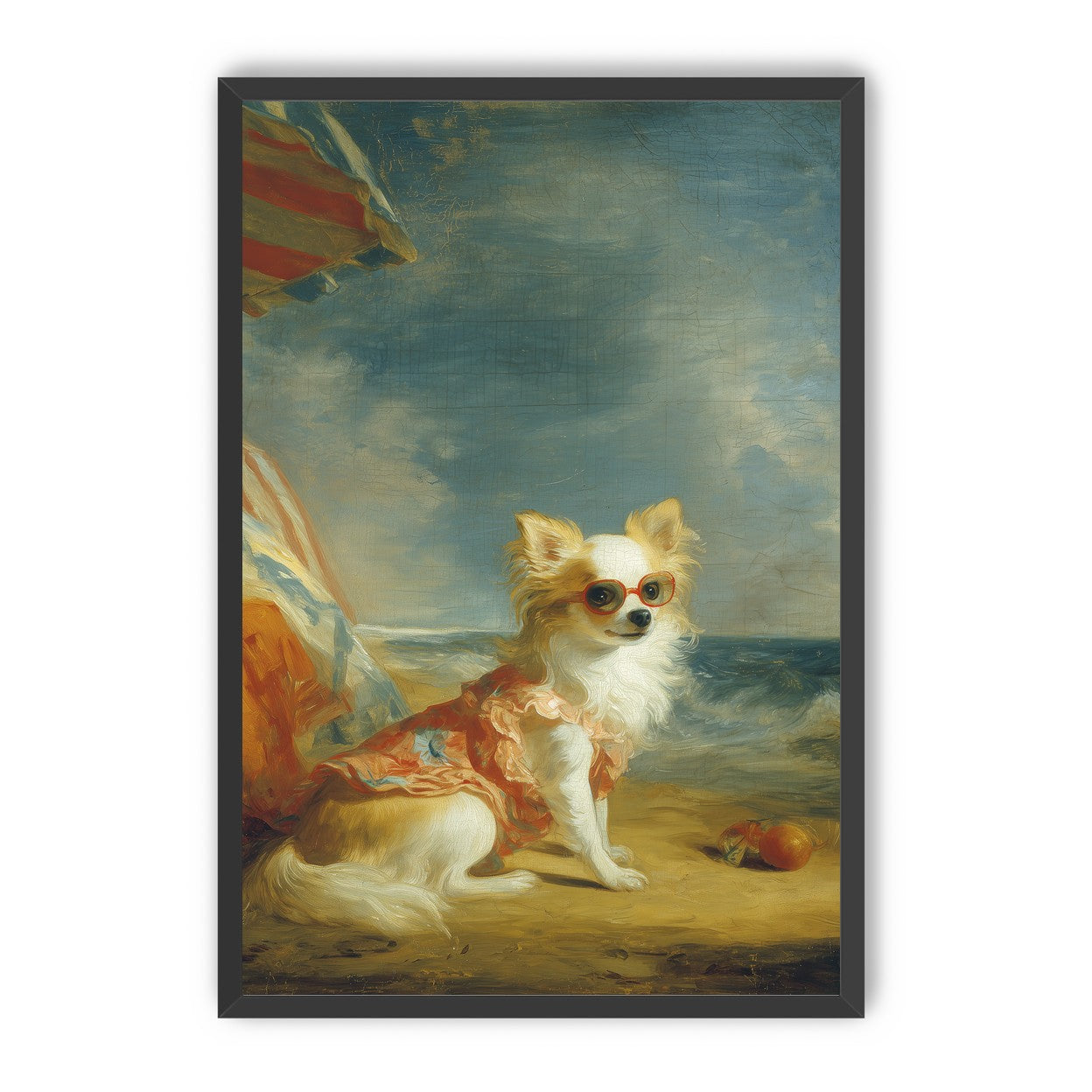 Seaside dog in red sunglasses