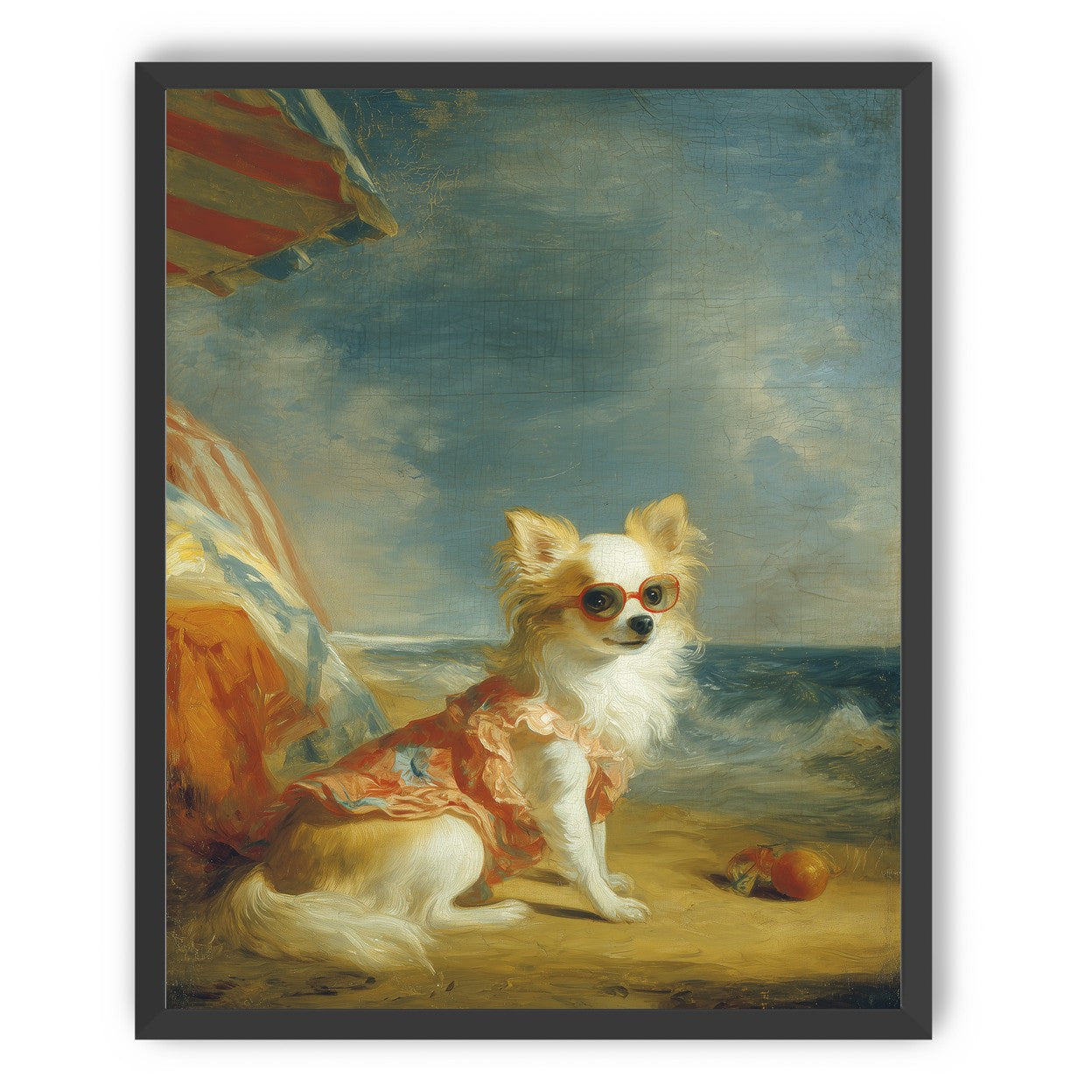Seaside dog in red sunglasses