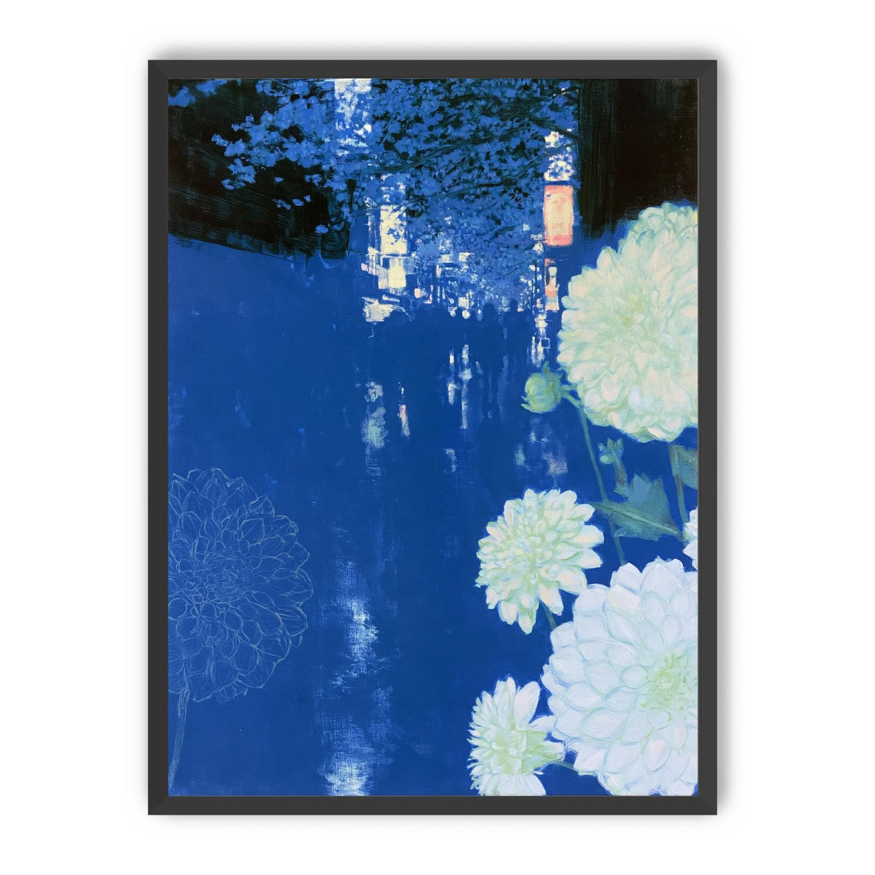 White blooms on blue canal