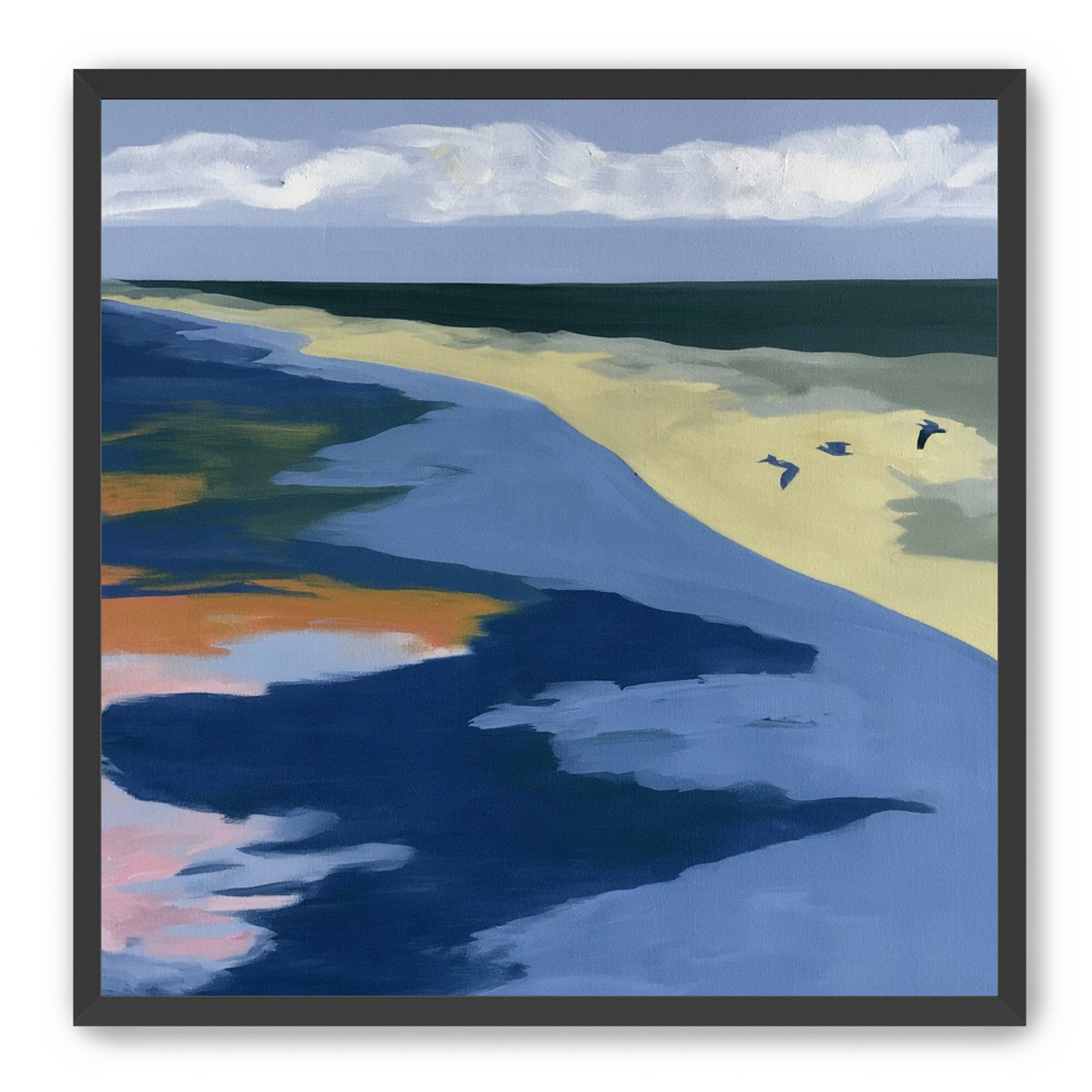 Birds over the pale shore