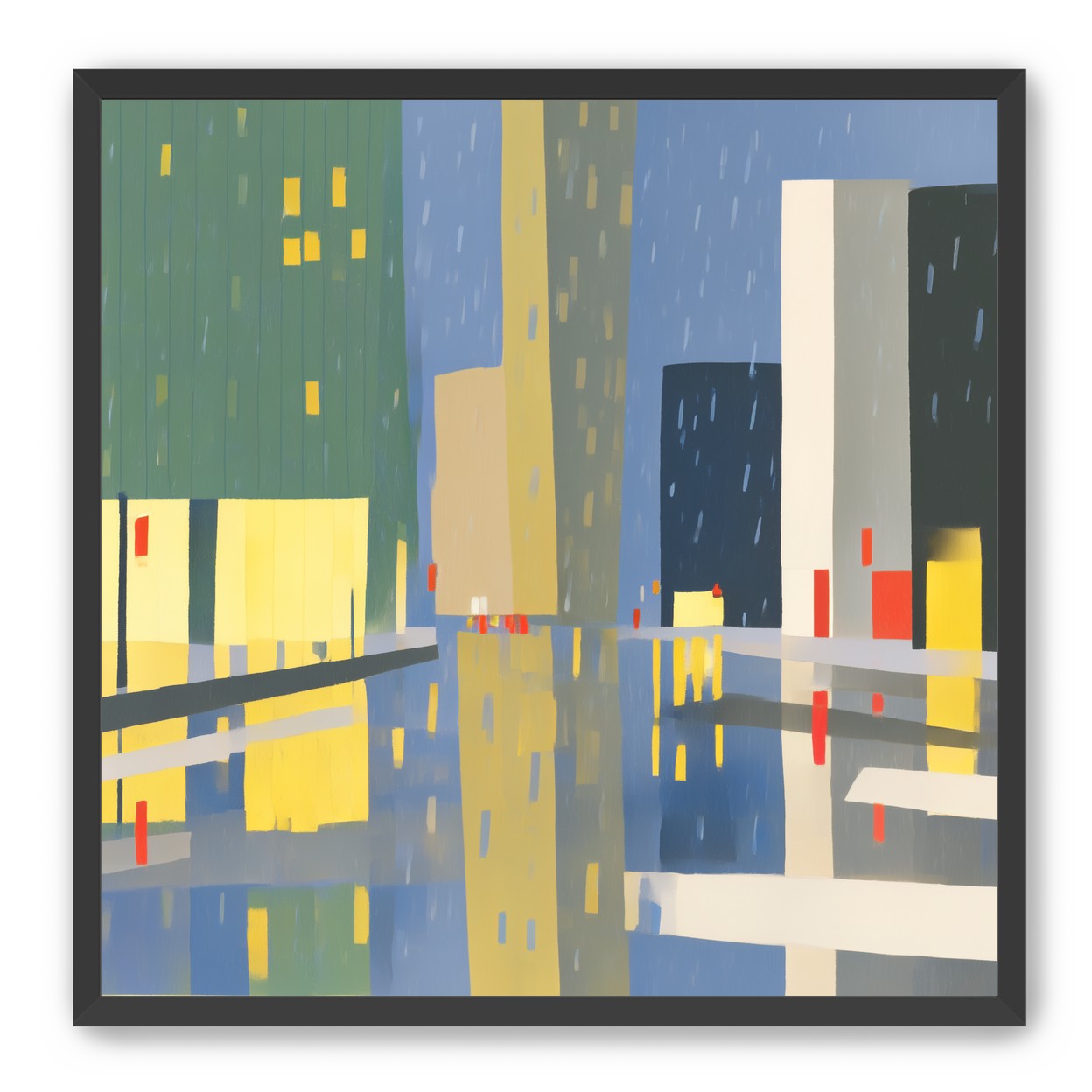 Yellow windows on wet blue street