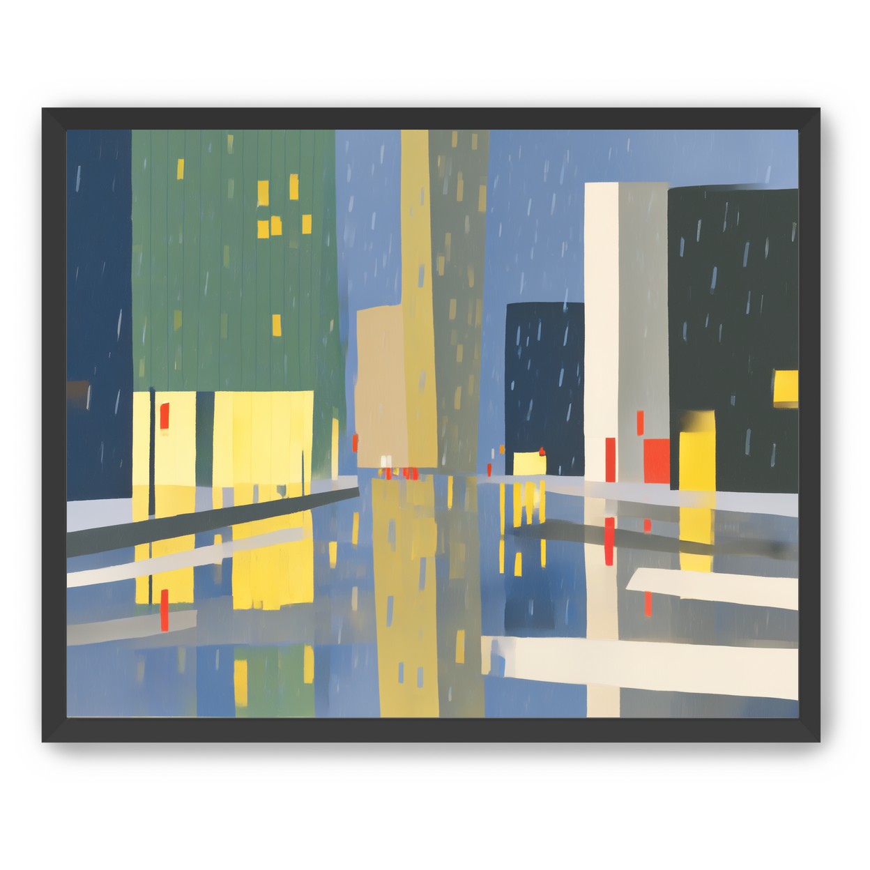 Yellow windows on wet blue street
