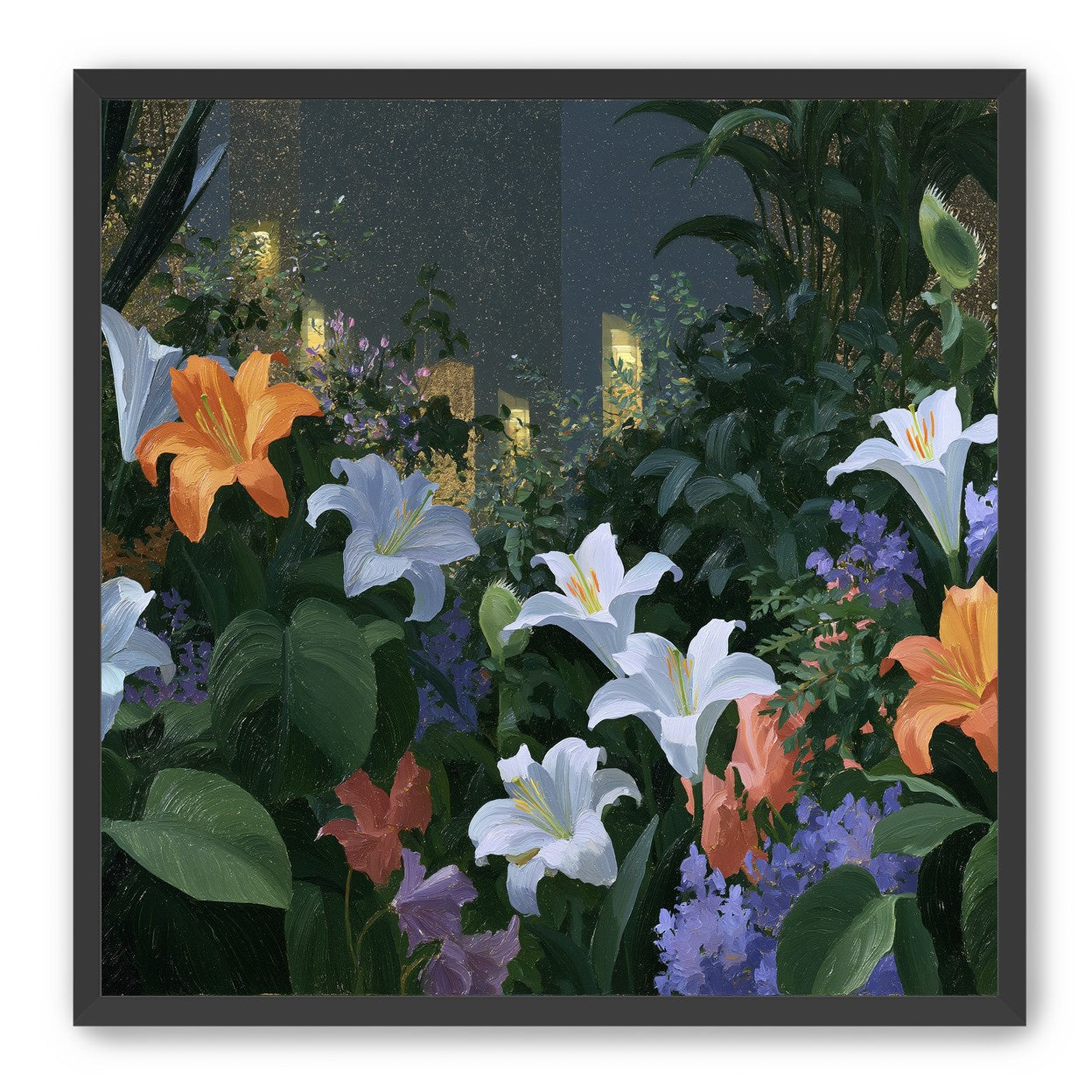 Lit windows beyond the lilies