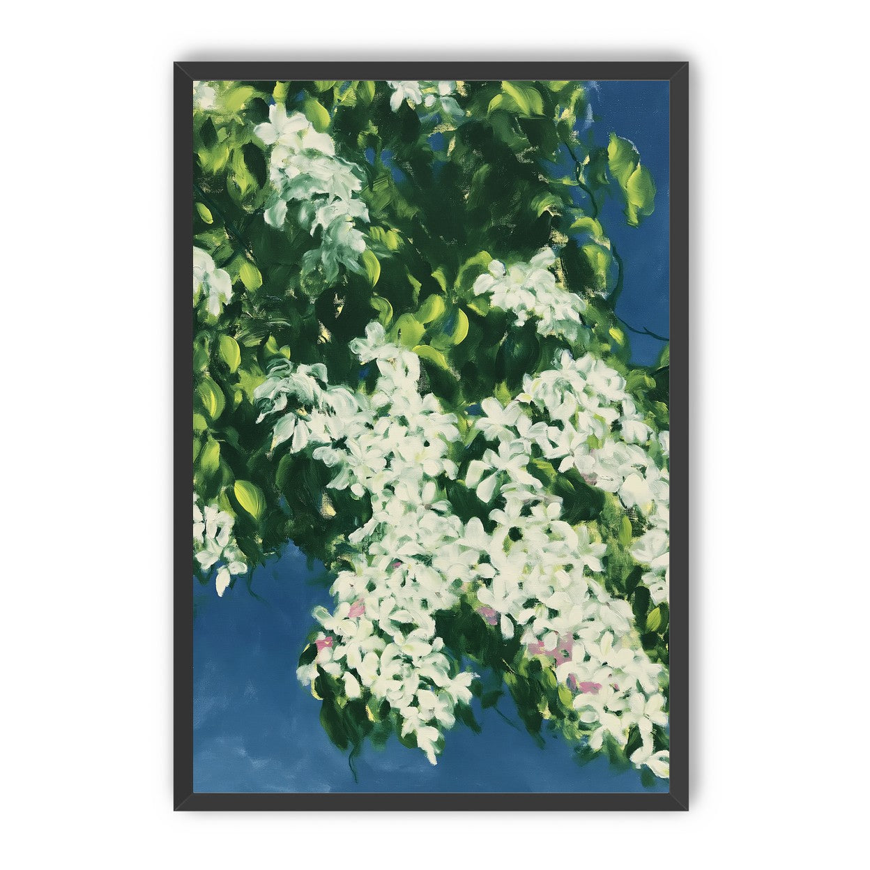 White blossoms on blue field
