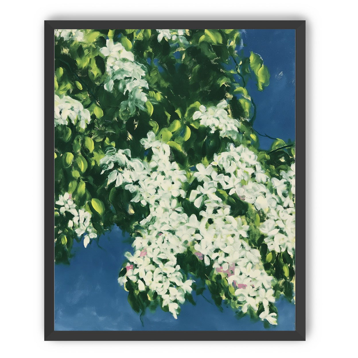 White blossoms on blue field
