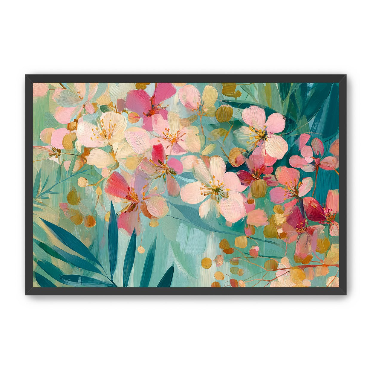 Blossoms over teal leaves