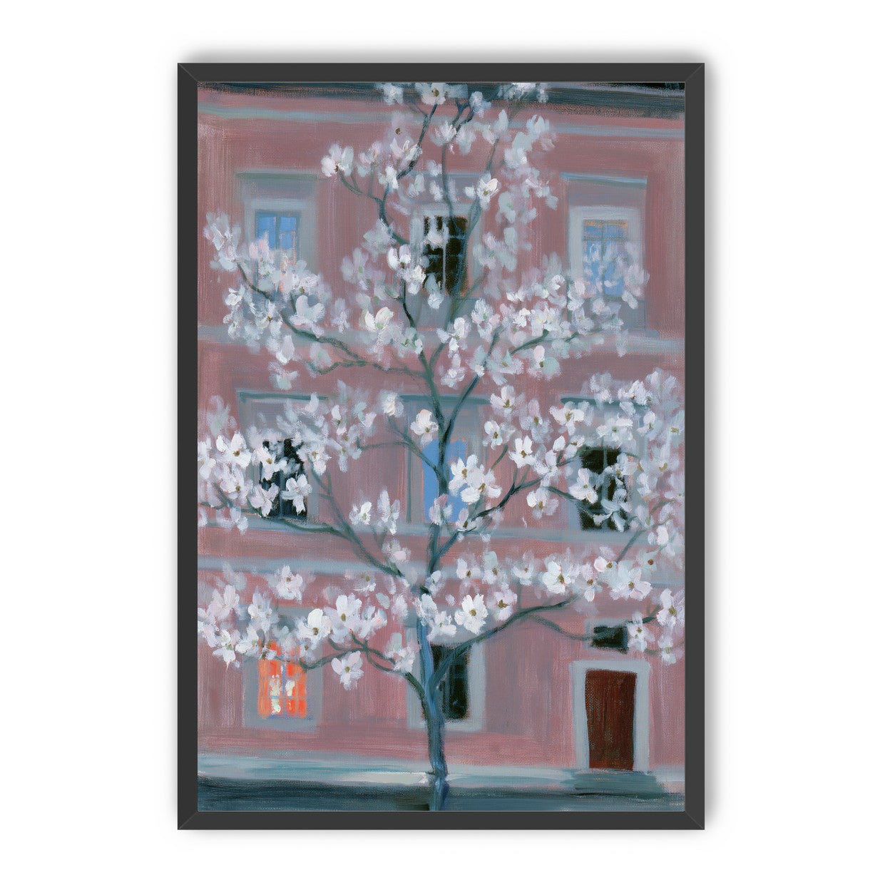 White blossoms against the pink house