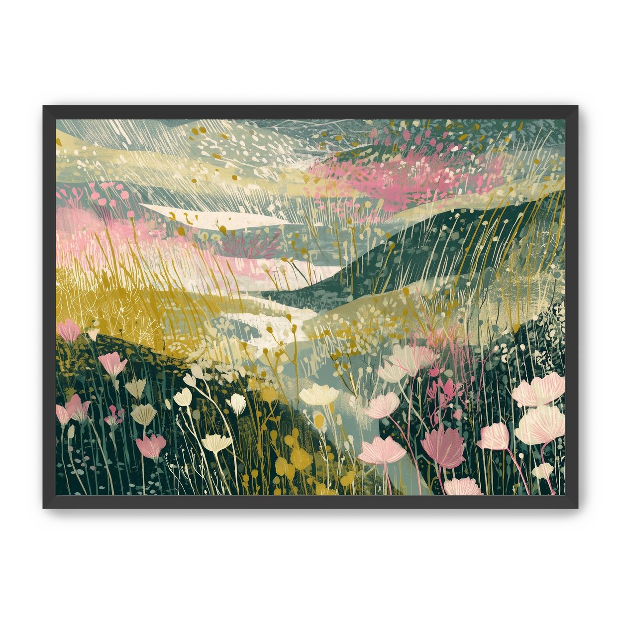 Wildflowers across layered hills