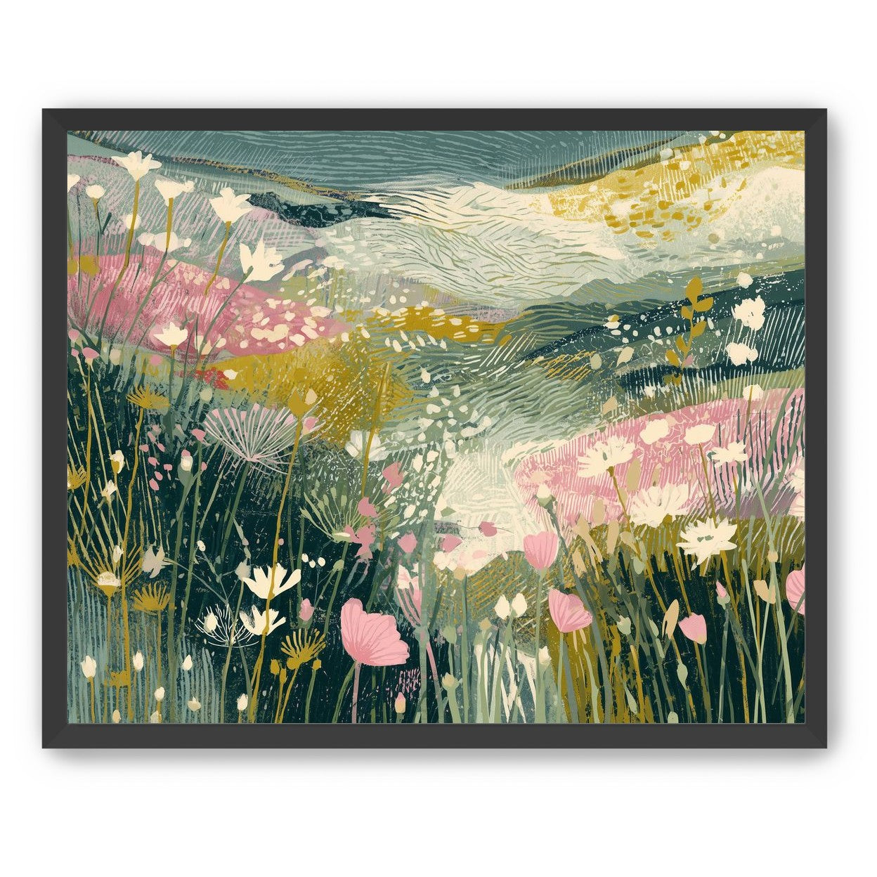 Teal sky over pink meadow