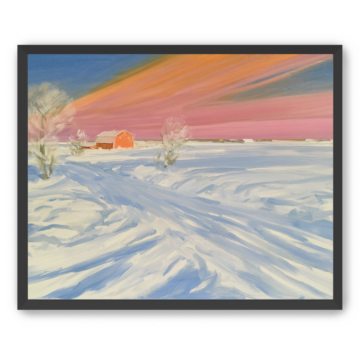 Pink sky over the red barn