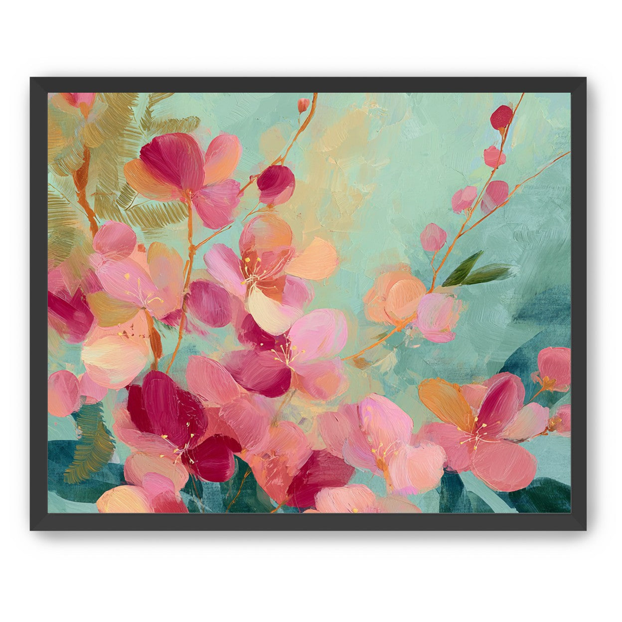 Pink blossoms drifting through teal