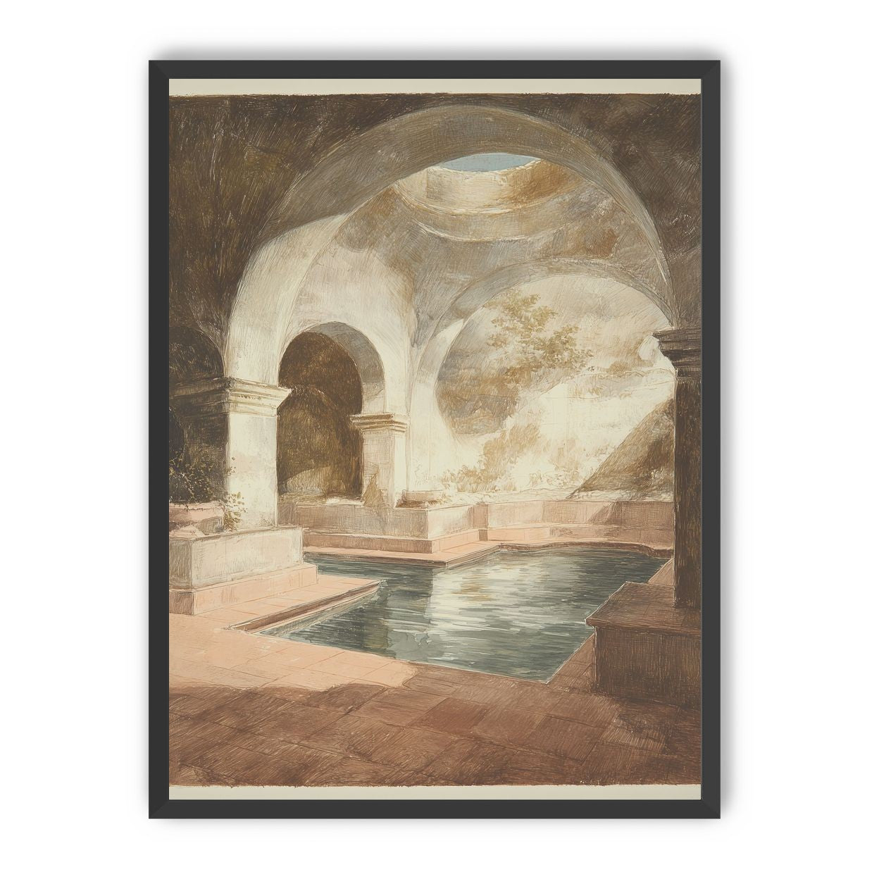 Courtyard pool beneath pale arches