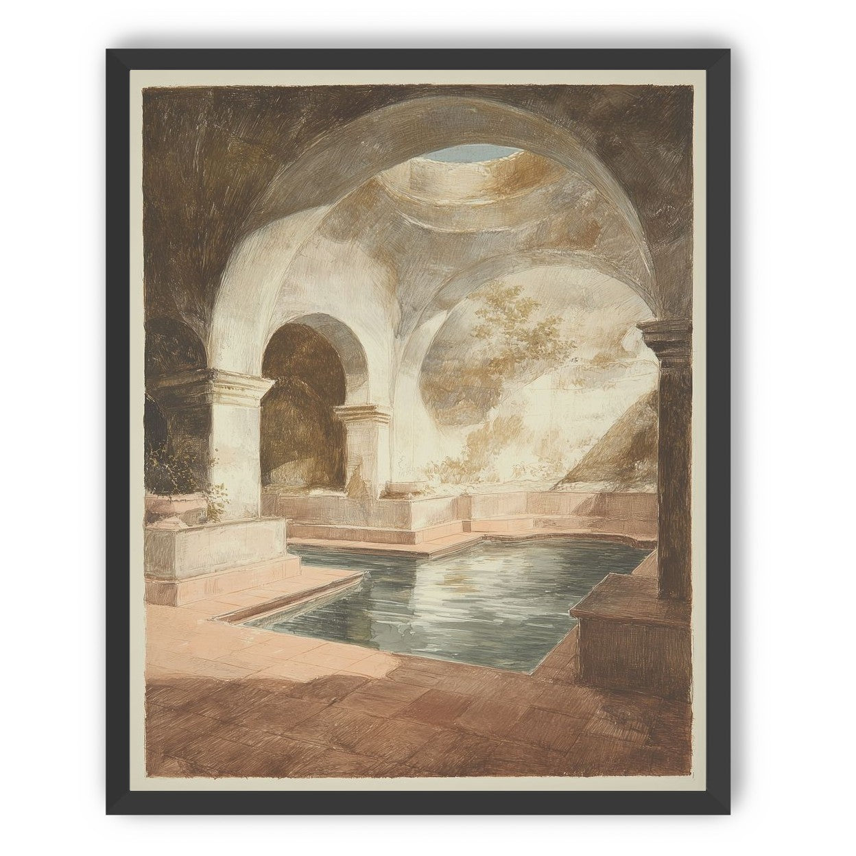 Courtyard pool beneath pale arches