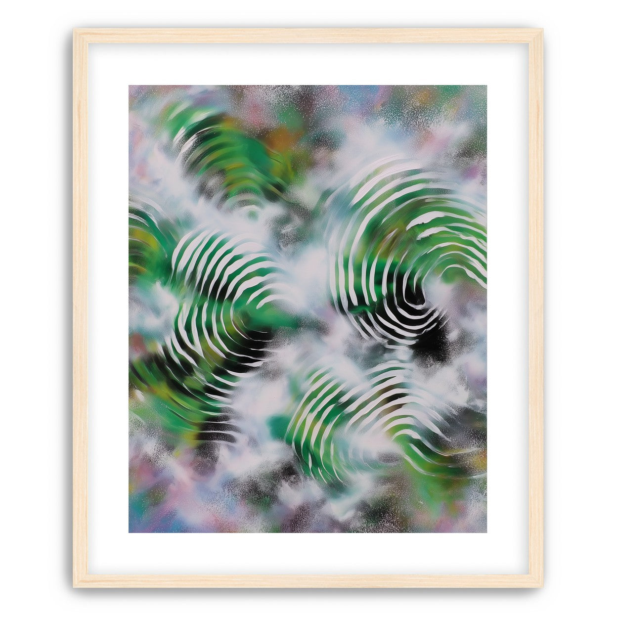 White haze over green spirals