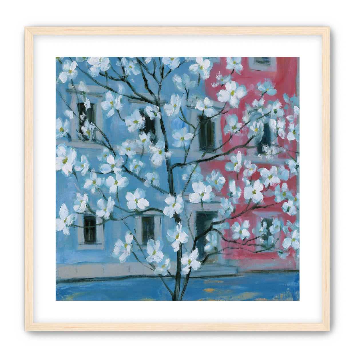 White blossoms across blue and pink