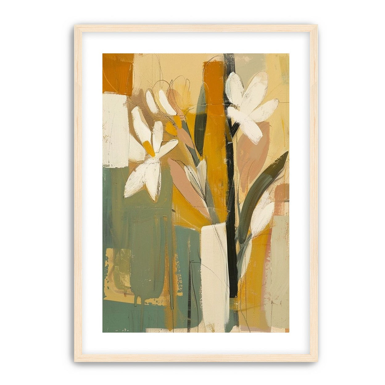 White flowers in ochre blocks