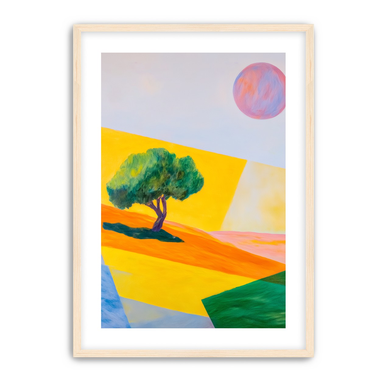 Pink sun over yellow hills