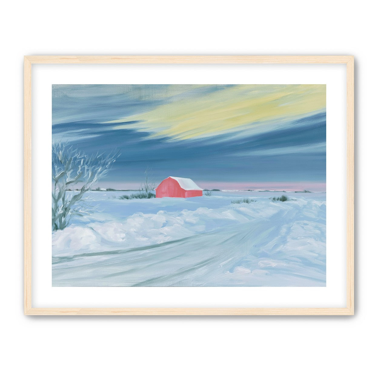 Red barn beneath winter sky