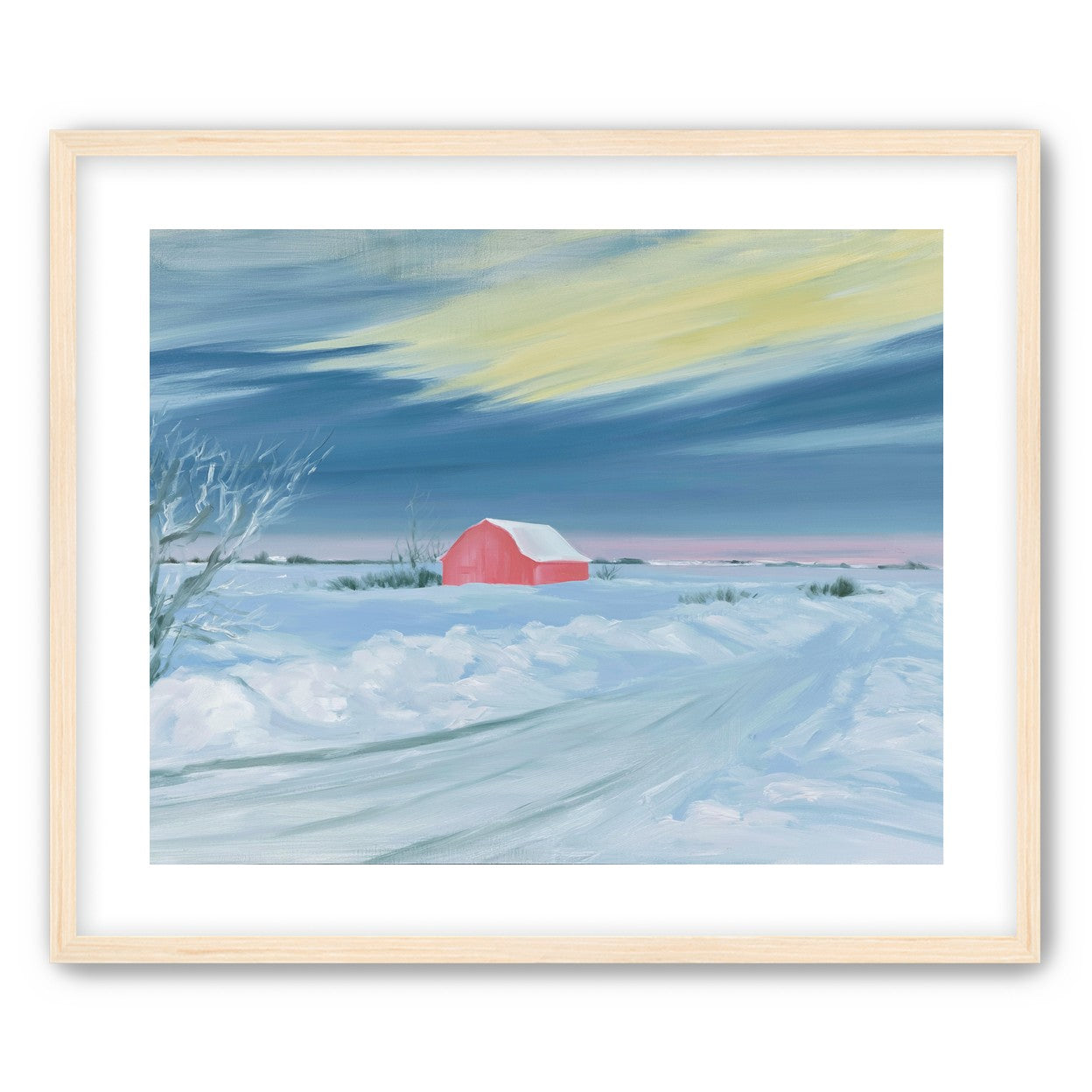 Red barn beneath winter sky
