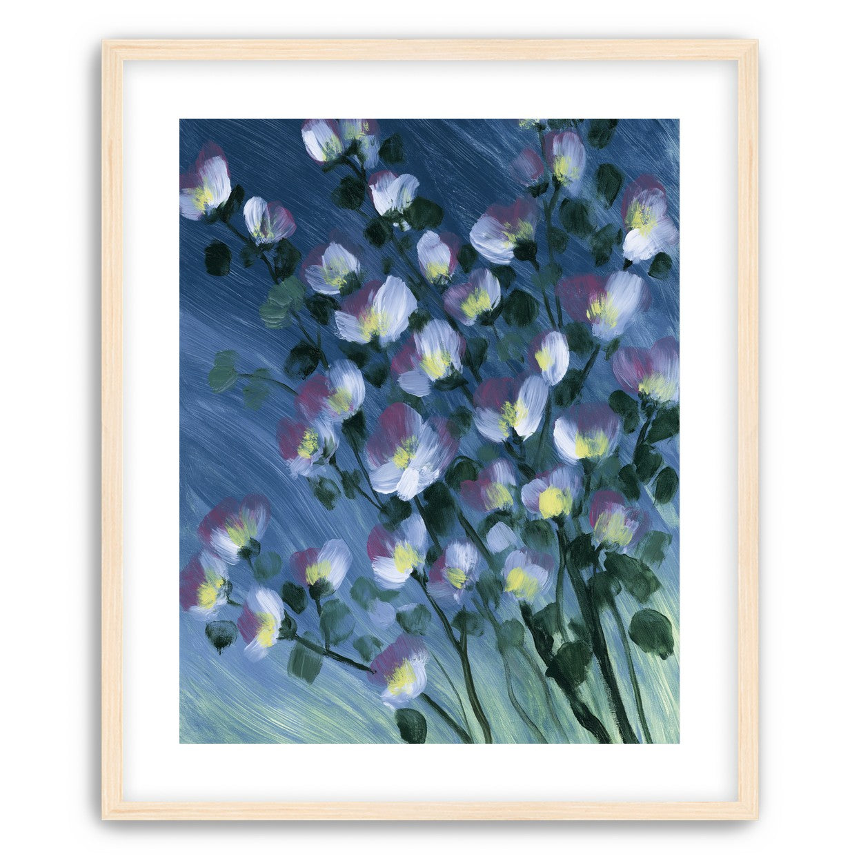 White blossoms on blue field
