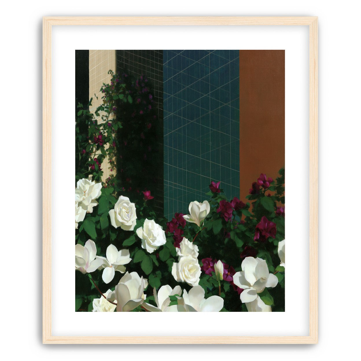 Roses against the blue grid