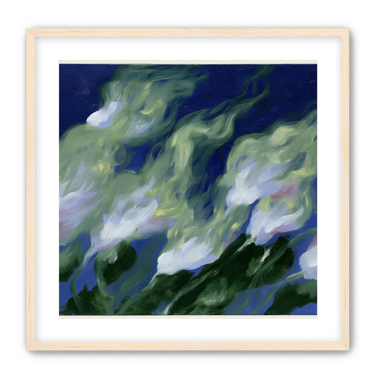 Pale flowers across blue field
