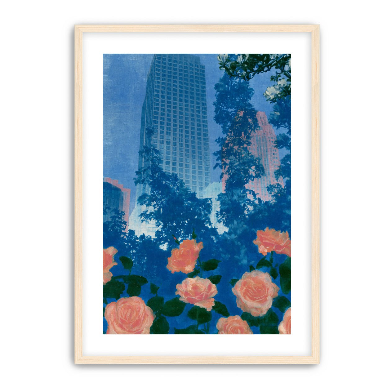 Pink roses below skyscrapers