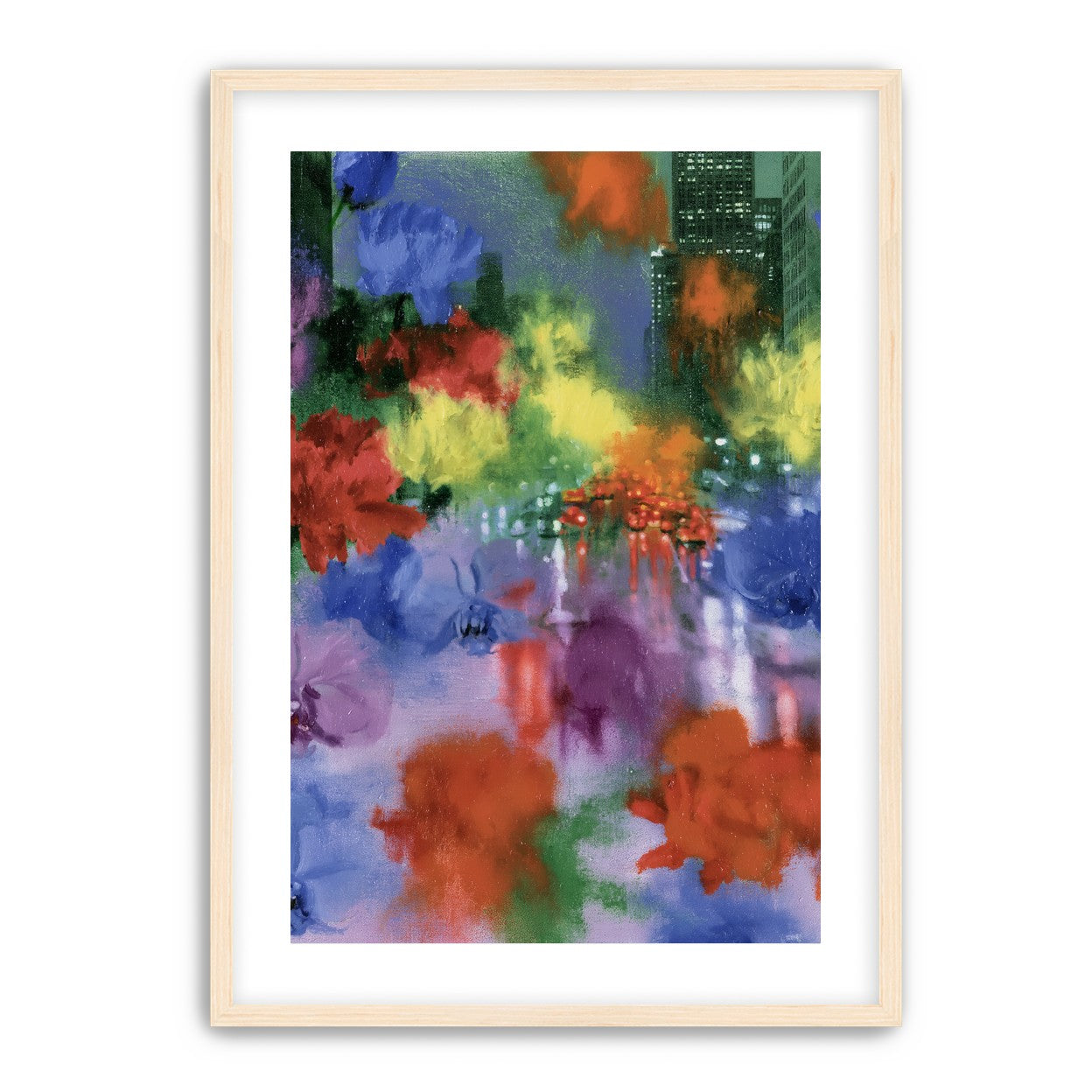 Neon traffic under painted blooms