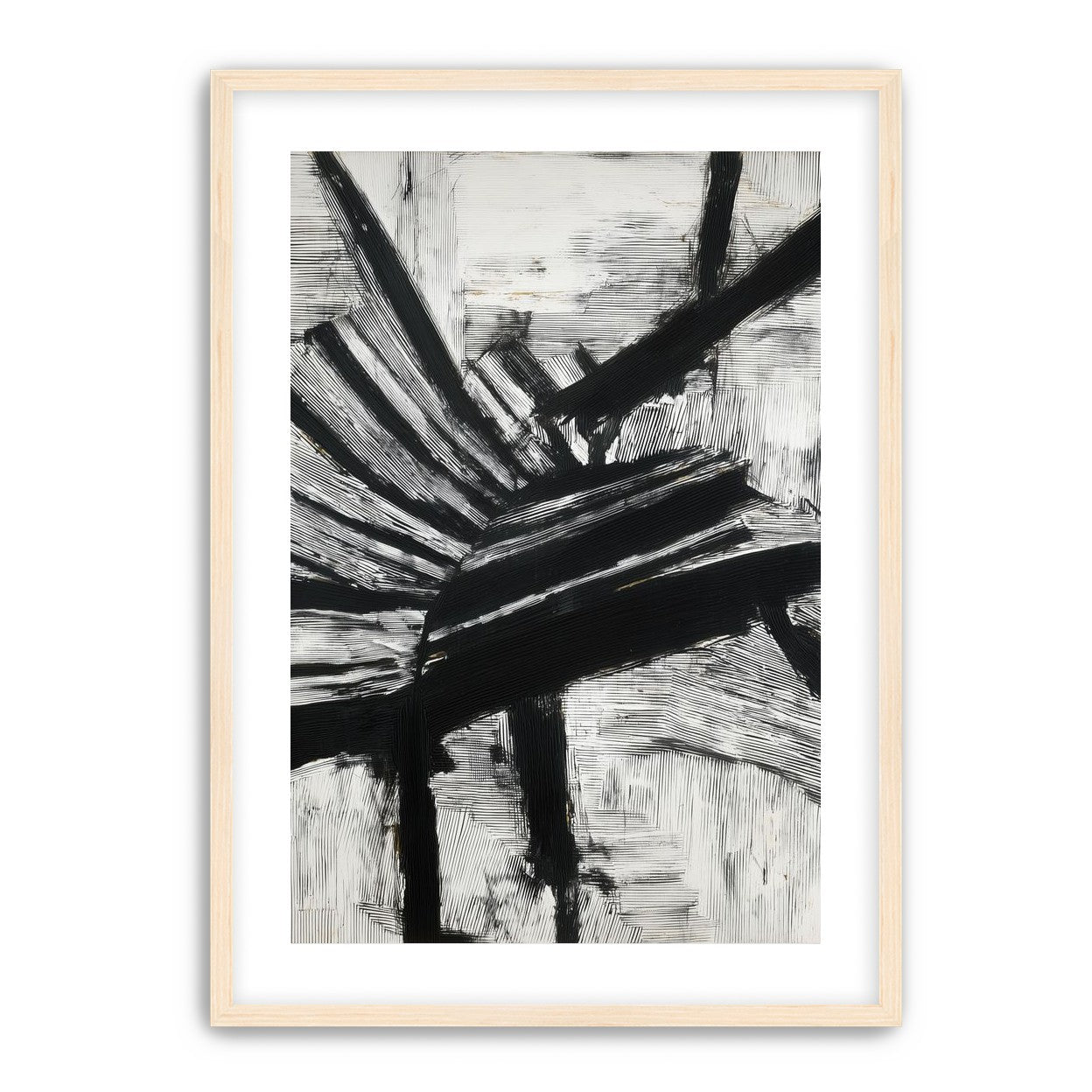 Non-Representational: Thick black brushstrokes cross and stack over a white surface filled with fine scratched lines.