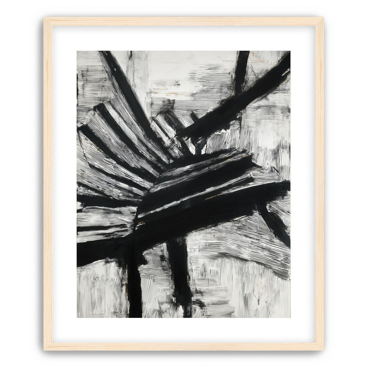 Non-Representational: Thick black brushstrokes cross and stack over a white surface filled with fine scratched lines.