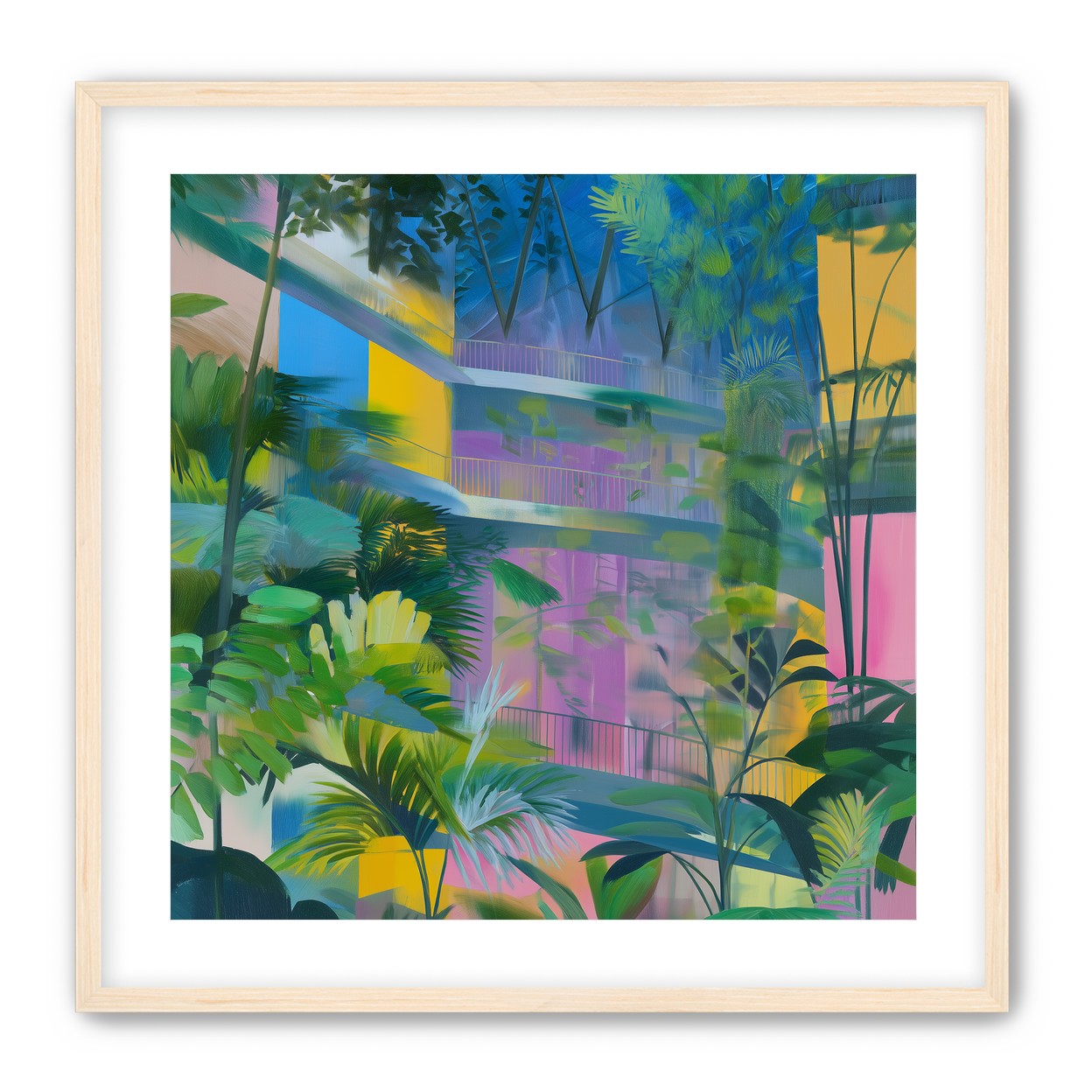 Blue roof over pink atrium