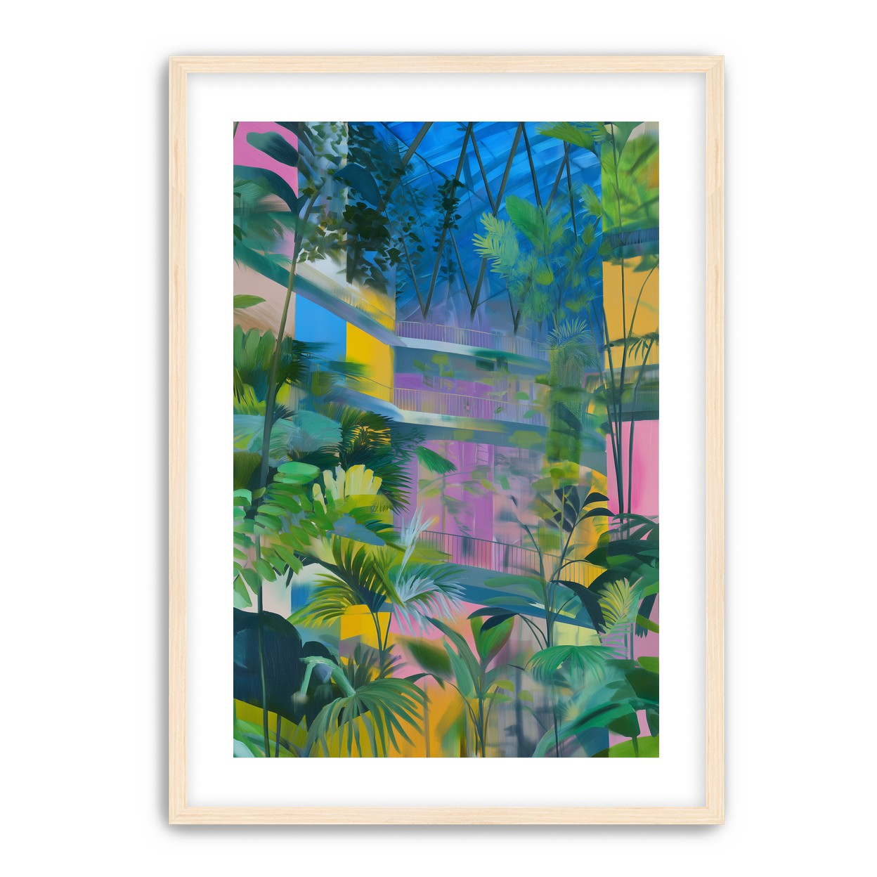 Blue roof over pink atrium