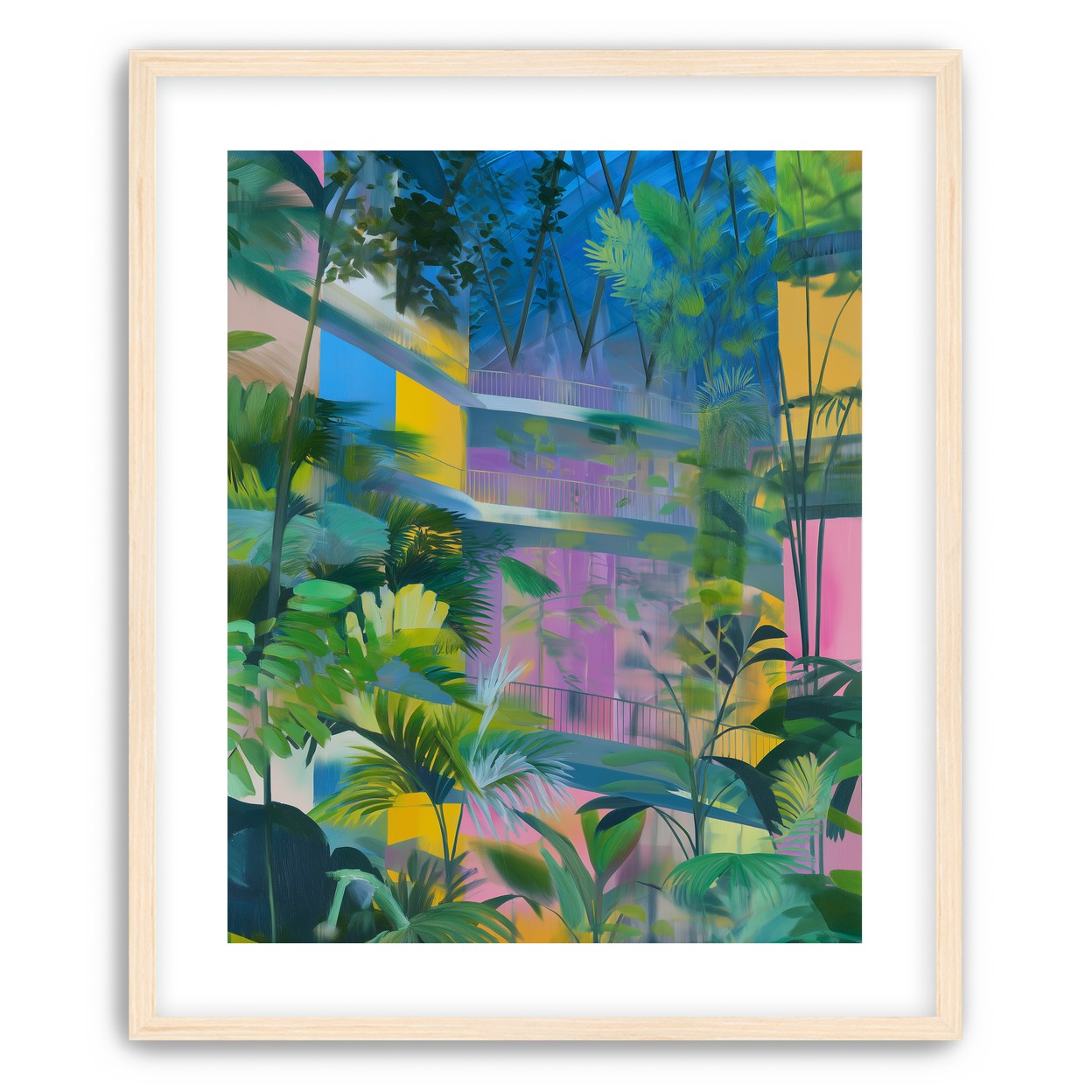Blue roof over pink atrium