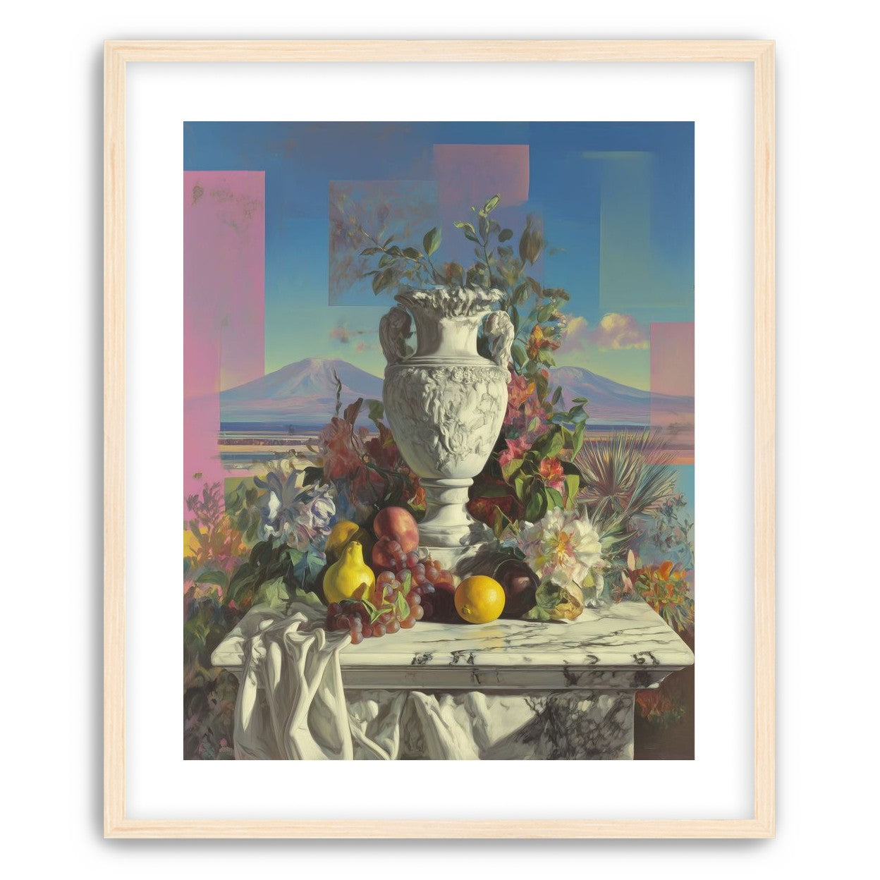 Urn and fruit before mountains