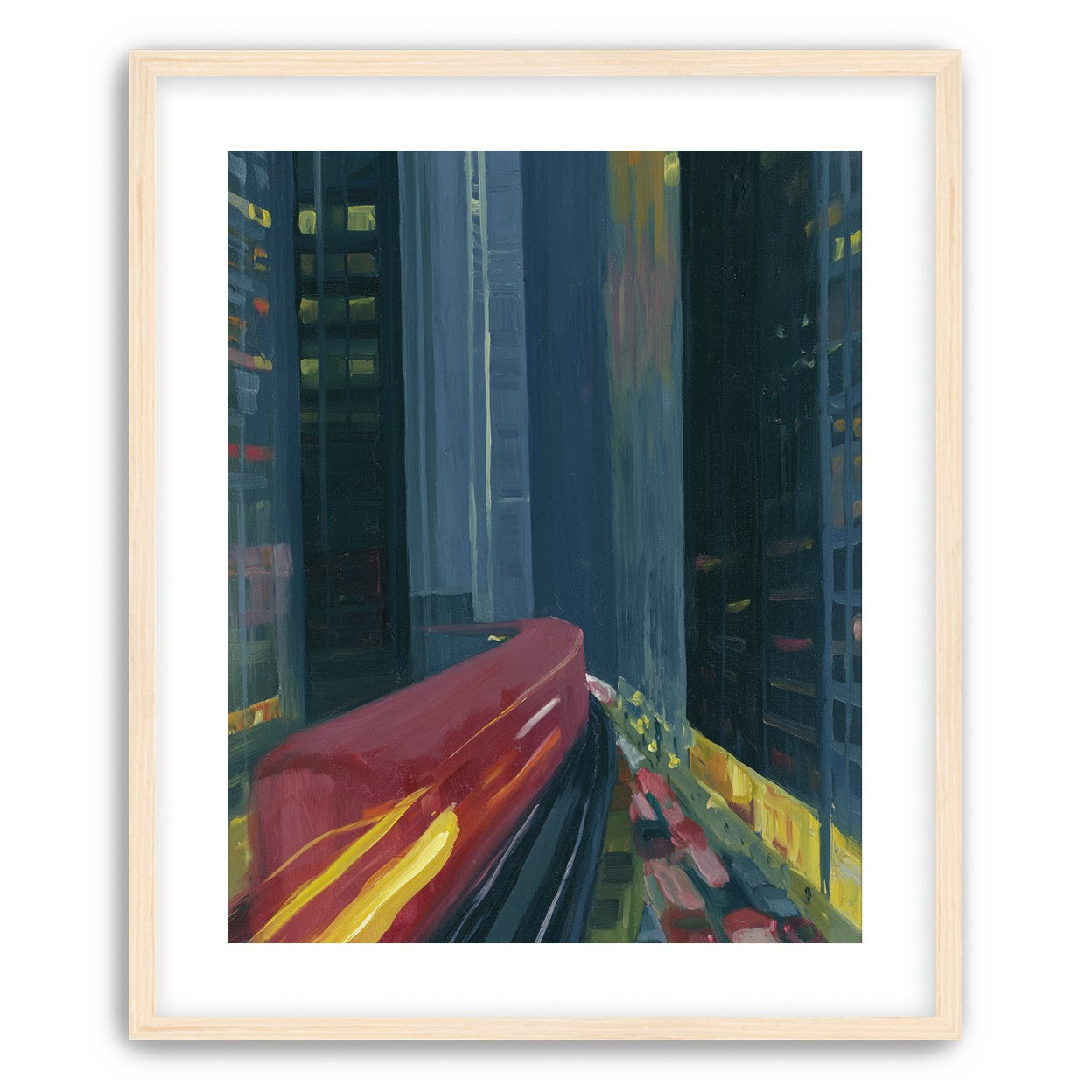 Red train in blue towers