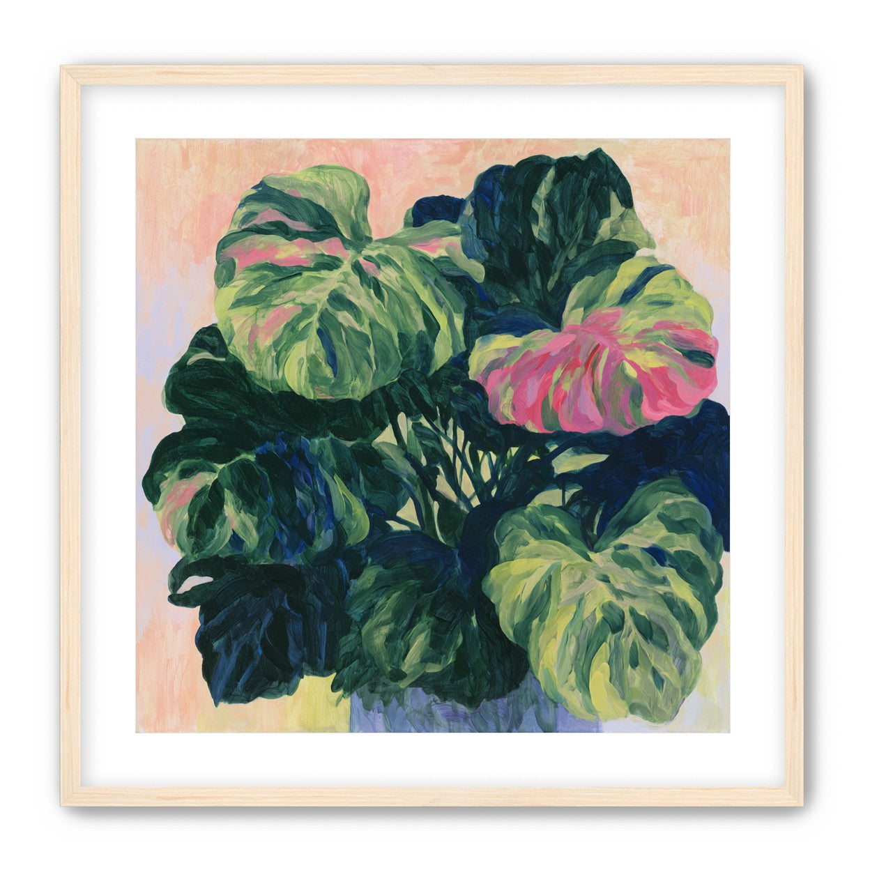 Pink light on green leaves