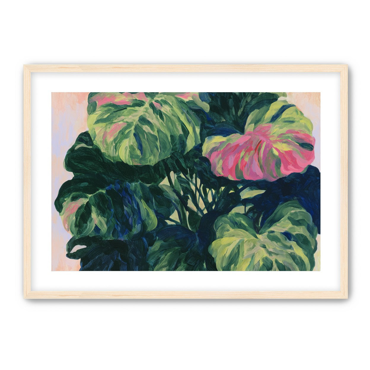 Pink light on green leaves