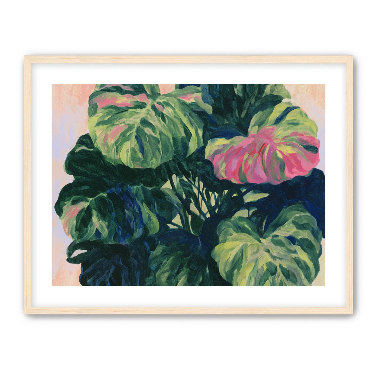 Pink light on green leaves