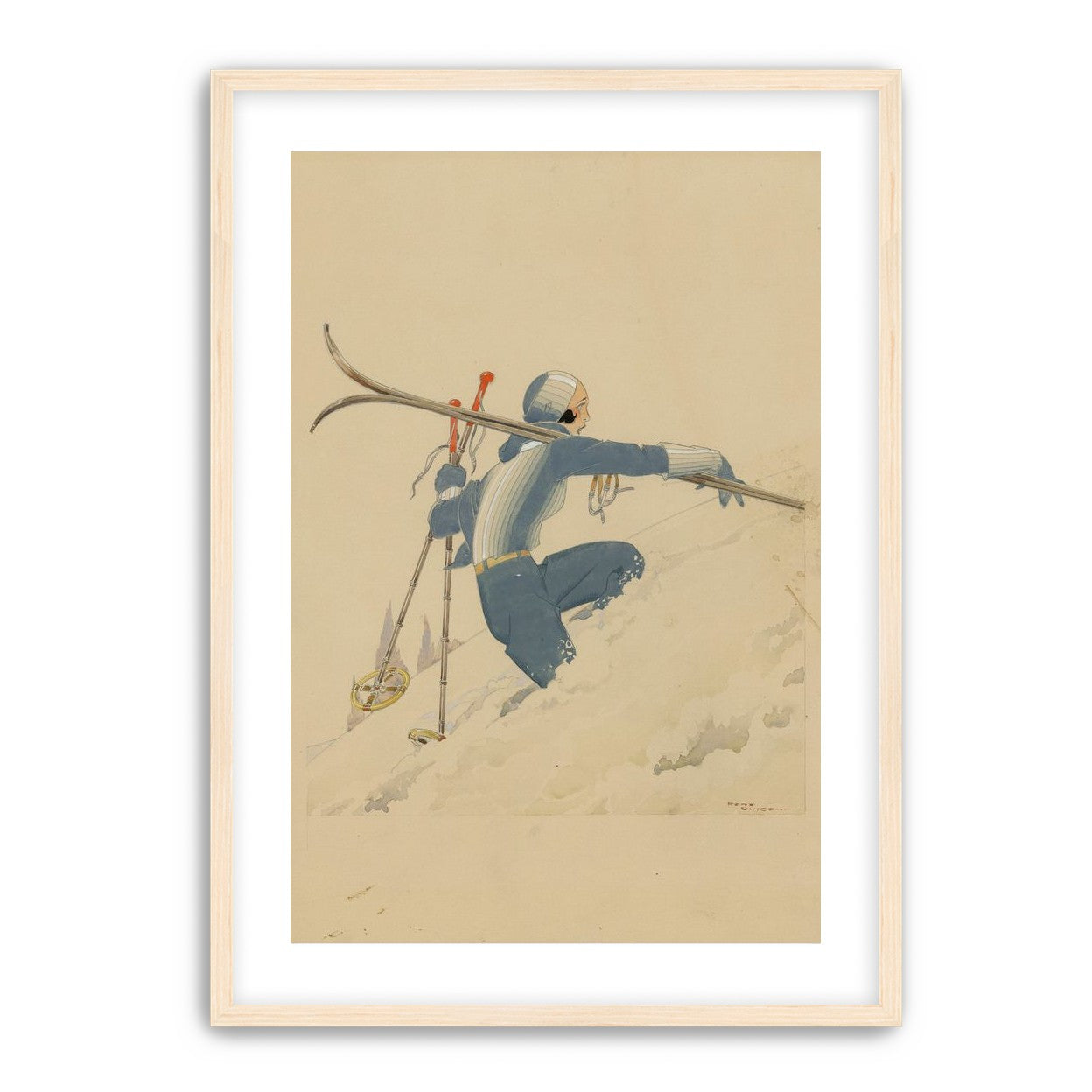 Blue skier in pale snow