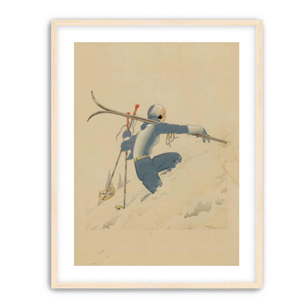 Blue skier in pale snow