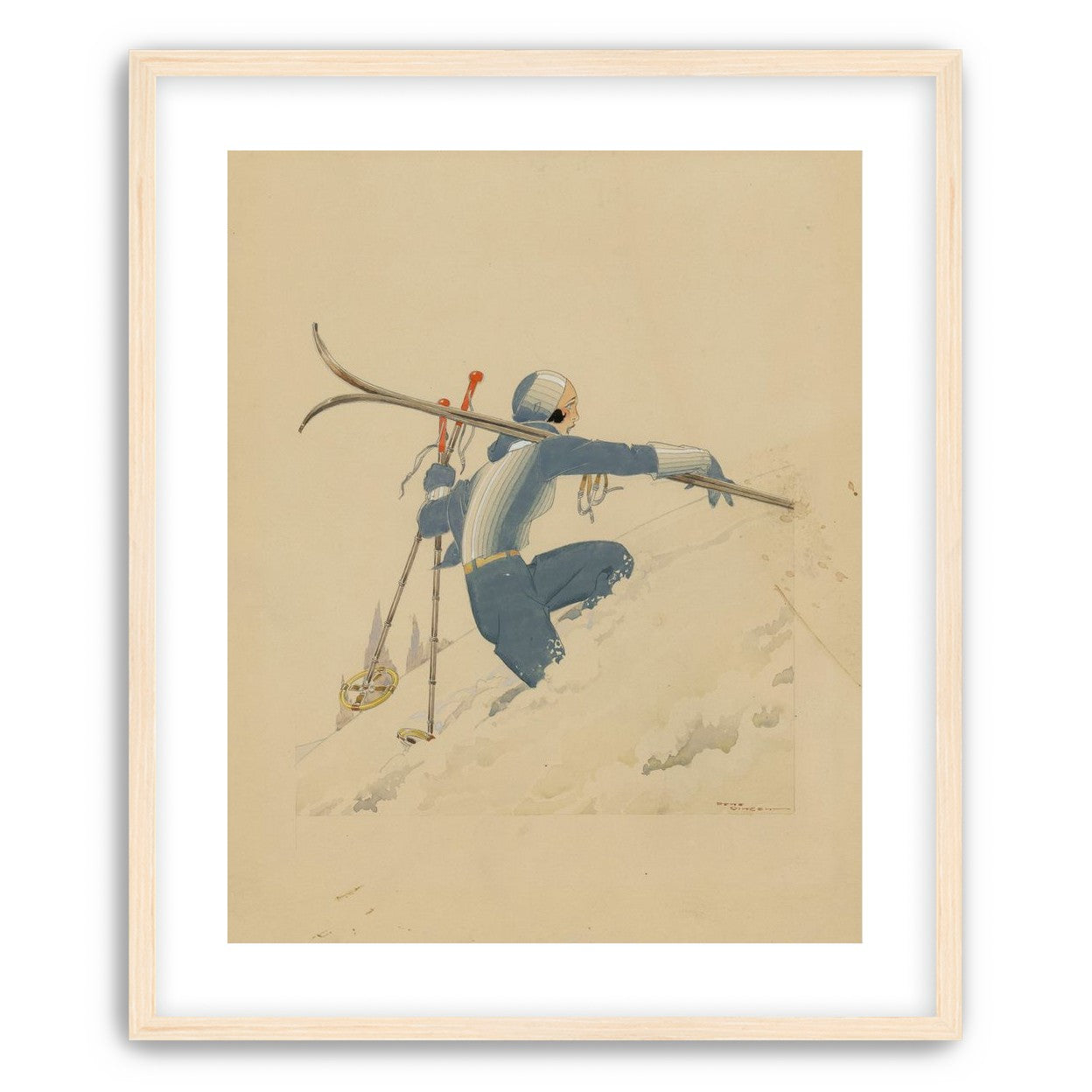 Blue skier in pale snow
