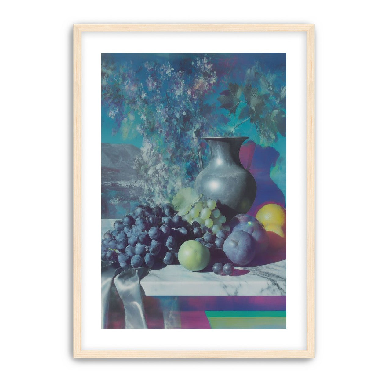 Vase and fruit in blue haze